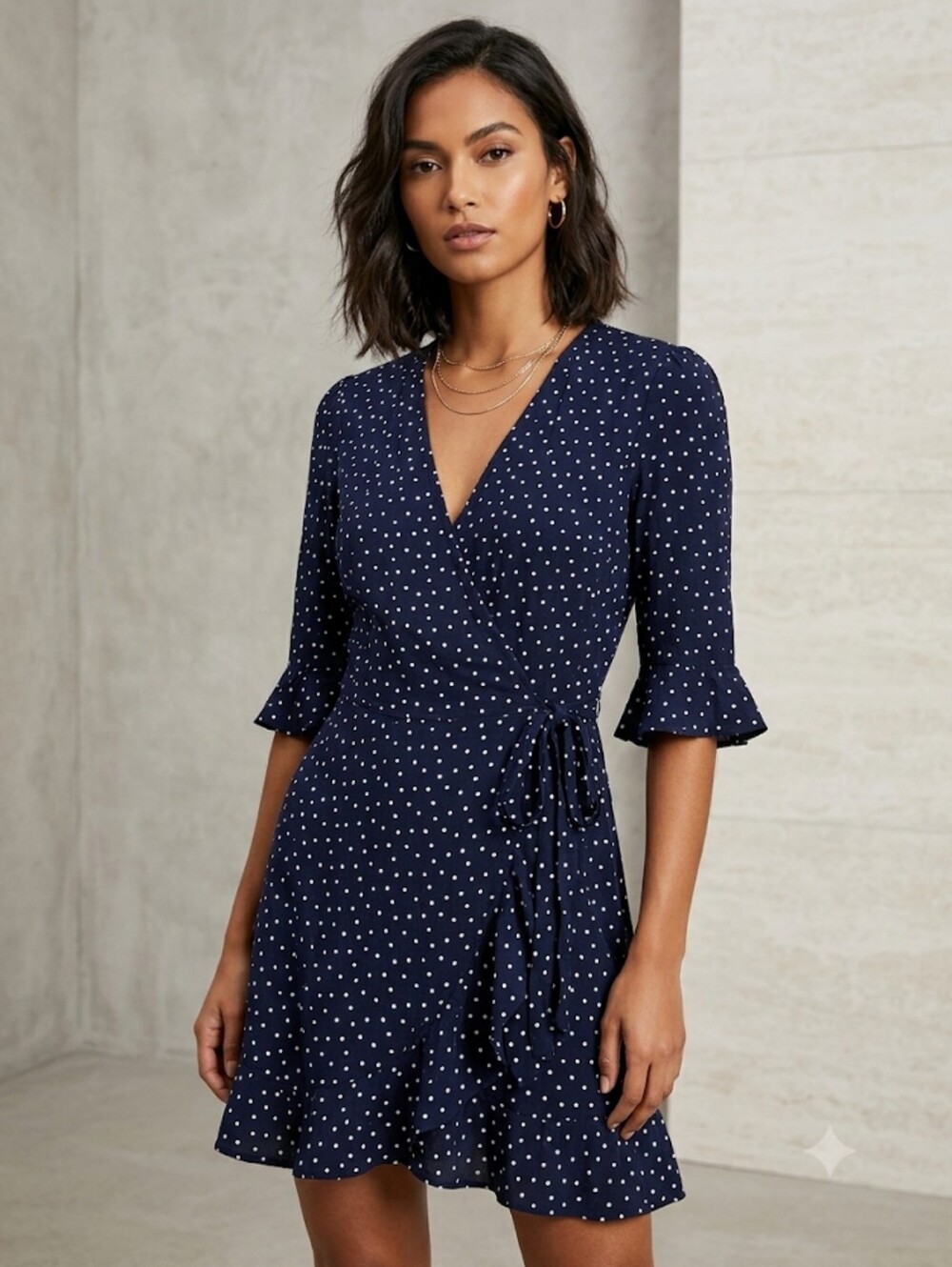 Loft Dark Navy Blue White Dots Romper Wrap Ruffle 3/4 Sleeves Dress Size 2